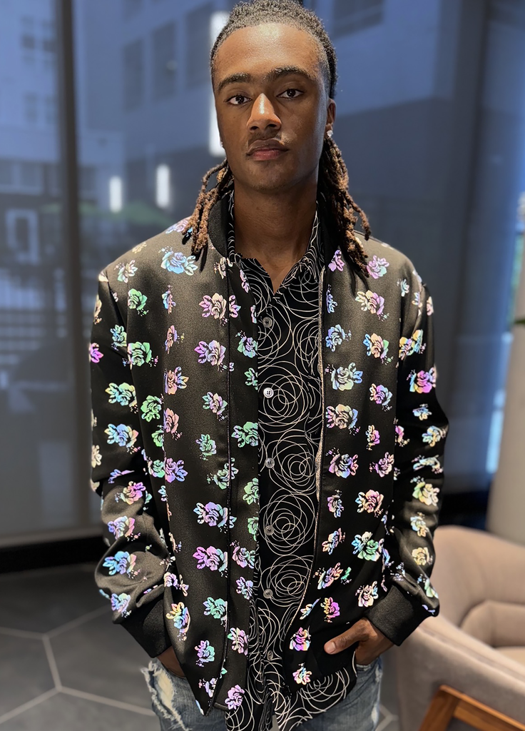 "Black Glory" rainbow reflective floral bomber jacket