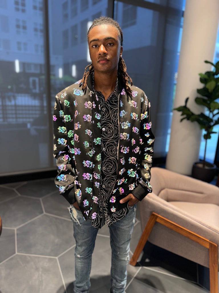 "Black Glory" rainbow reflective floral bomber jacket