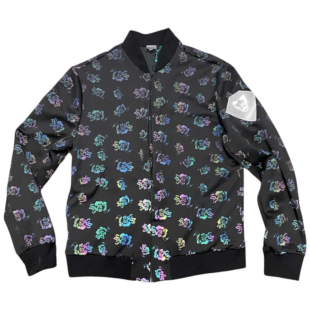 "Black Glory" rainbow reflective floral bomber jacket