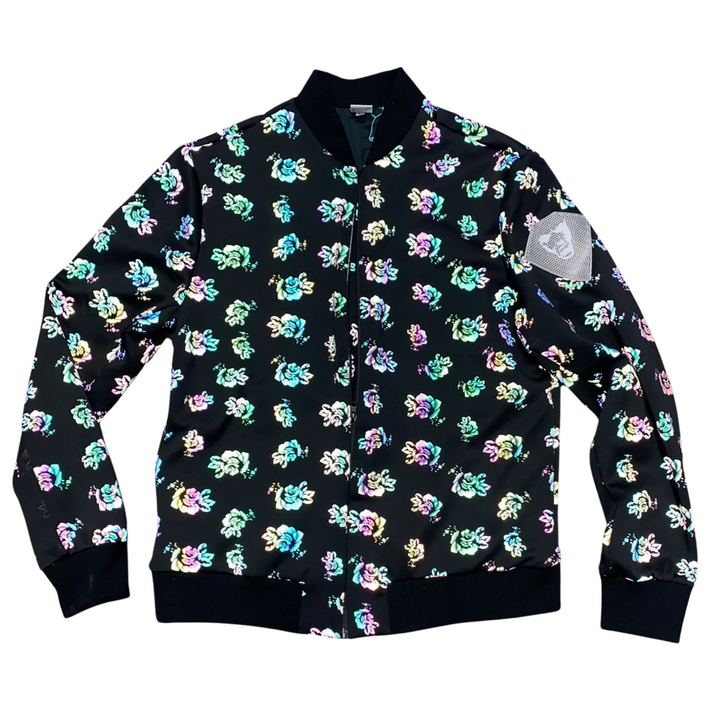 "Black Glory" rainbow reflective floral bomber jacket