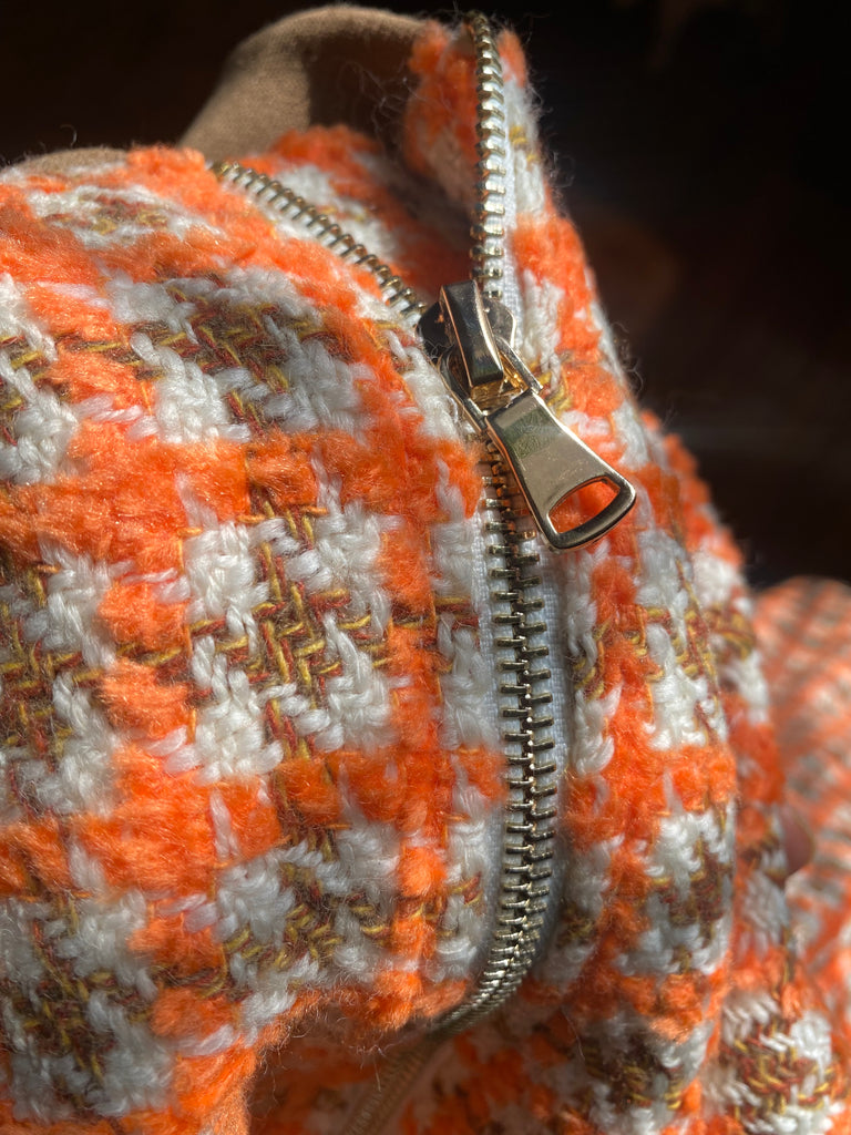 Orange Houndstooth Bouclé Varsity Jacket
