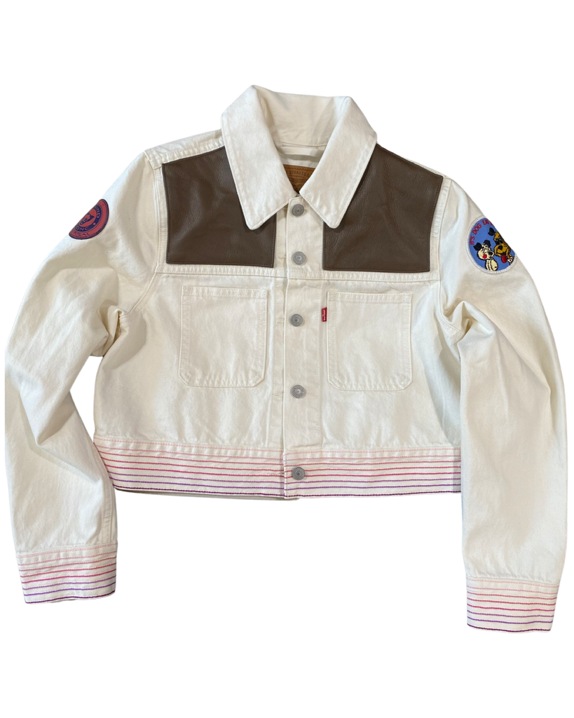 White denim crop Brown Leather chest Rubble Kings jacket #71