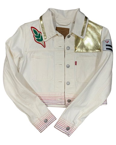 White denim crop Brown Leather chest Rubble Kings jacket #71