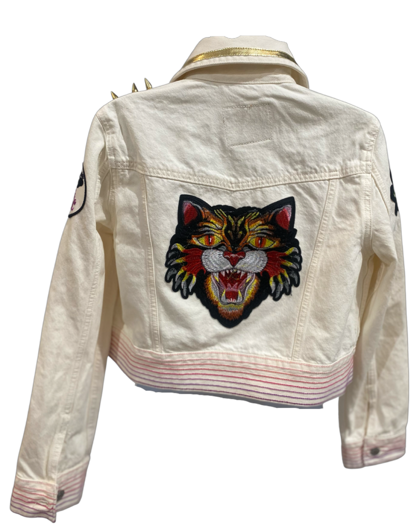 White denim crop gold lapel/ Pink patch Rubble Kings jacket #70