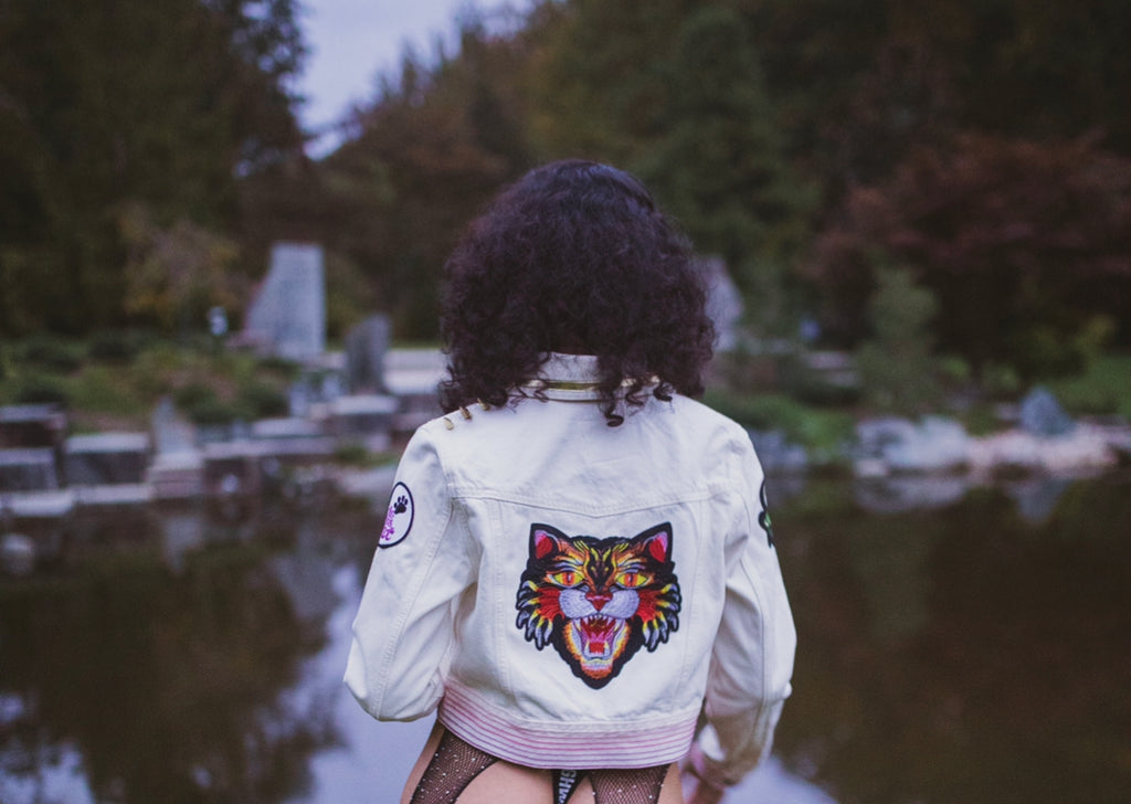 White denim crop gold lapel/ Pink patch Rubble Kings jacket #70