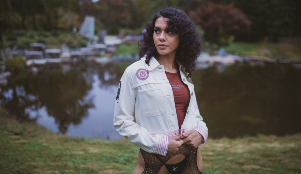 White denim crop Brown Leather chest Rubble Kings jacket #71