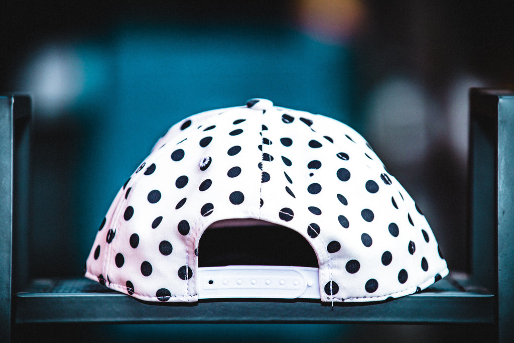 White Polka Dot Snapback Hat w/script