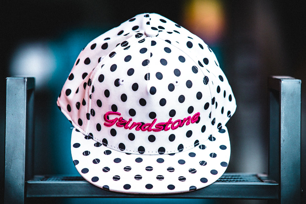 White Polka Dot Snapback Hat w/script