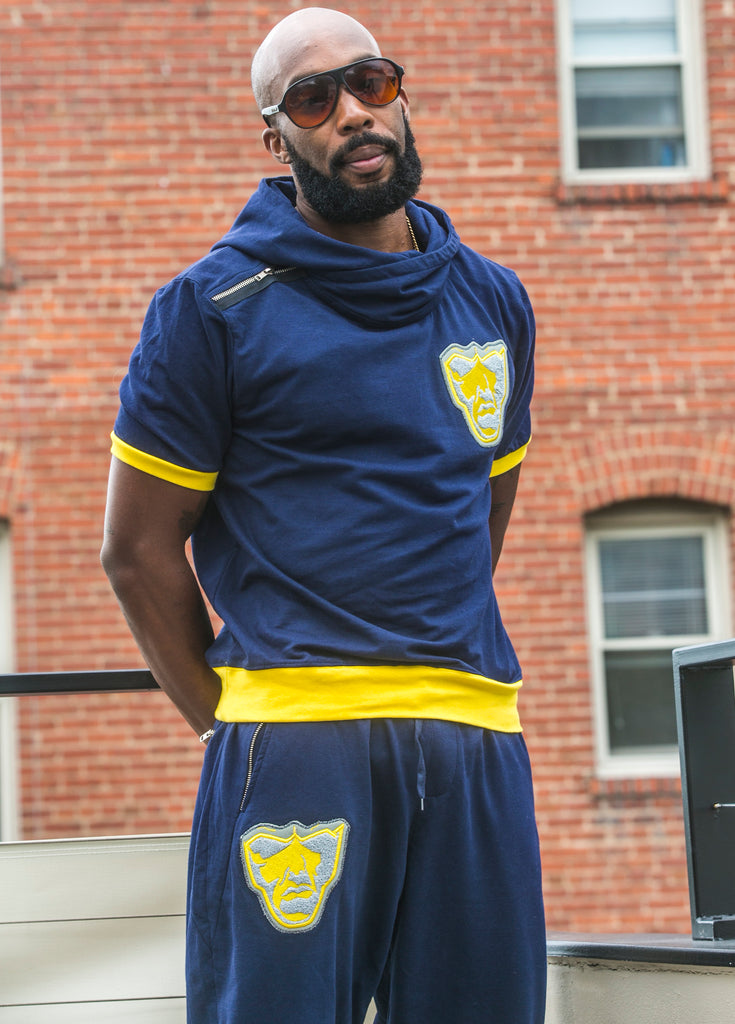 Varsity Big Face Short Sleeve Men's Sweatsuit Hoodie : Navy & Yellow
