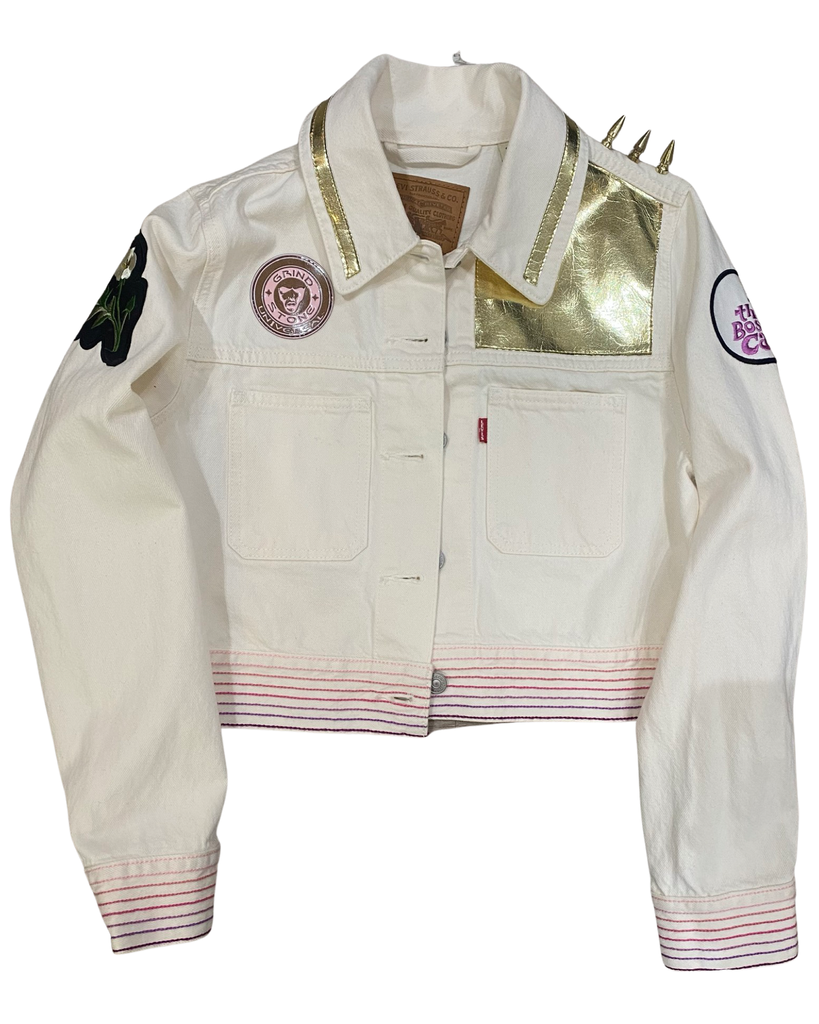 White denim crop gold lapel/ Pink patch Rubble Kings jacket #70
